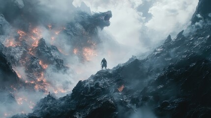 Fototapeta premium a close up of a dragon attacking a man with a sword