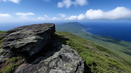 Coastal volcanic landscape with large rock outcrop