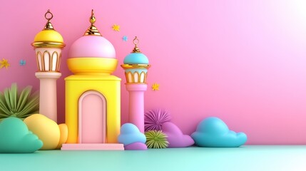Pastel Mosque 3D Illustration with Cartoon Clouds and Plants