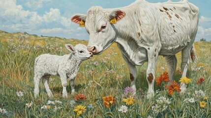 Obraz premium Motherly Affection: A Cow and Calf in a Summer Meadow