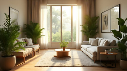 Naklejka premium A cozy modern living room with large windows and natural light features a white sofa, wooden coffee table, potted plants, and minimalist decor, creating a serene and inviting atmosphere.