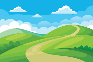 Fototapeta premium Cartoon Landscape with Blue Sky, Clouds, Hills, Greenery, and Winding Path