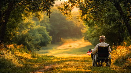 Reflective elderly veteran with american flag in tranquil nature setting for patriotic and inspirational themes