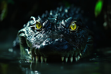 Obraz premium Menacing Crocodile With Glowing Eyes In Dark Swamp