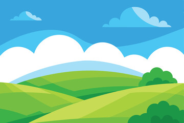 Obraz premium Cartoon Landscape with Hills, Grassland, Blue Sky and Clouds, Nature Background