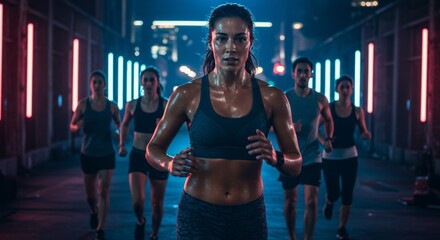 Intense nighttime group running workout with urban lighting effects