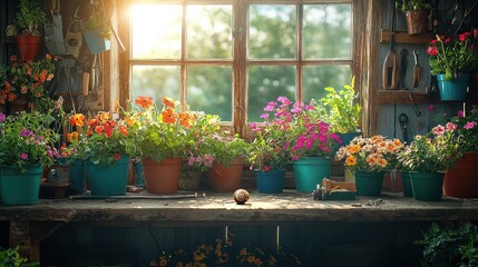 Fototapeta premium Vibrant green plants and colorful blooms spill from pots on a sunny windowsill, creating a small garden full of sunlight near the window.