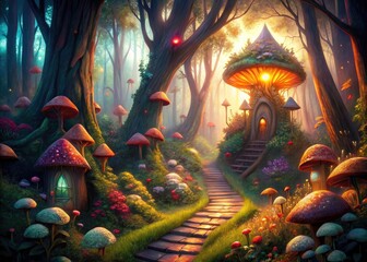 Enchanted Woodland Pathway Fairy Houses Double Exposure Fantasy Art