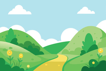 Obraz premium Cartoon Landscape with Green Hills, Yellow Path, Flowers and Blue Sky & White Clouds