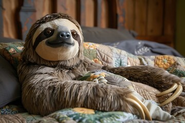 Obraz premium A giant, soft sloth plush toy with a relaxed expression, draped over a bed with a nature-themed quilt.