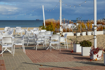 Empty seats of an outdoor cafe in Sopot, Poland