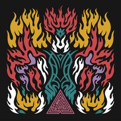 Create a Vector design set, flames and fire, acid neo tribal shapes, y2k elements and abstract illustrations in gothic style, gothic and acid tattoos and print templates with white background.