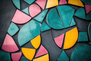Fototapeta premium A close-up of a colorful abstract mosaic, with tiles in shades of teal, pink, and yellow, arranged in geometric shapes like circles and triangles