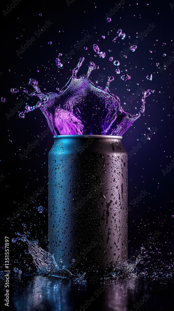 Poster a can of soda is sitting on a table with purple water splashing out of it