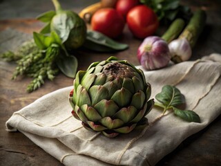 Obraz premium Fresh Artichoke & Linen: Healthy Cooking Ingredients Background, Kitchen Aesthetics, High Depth of Field Photography