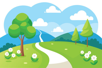 Cartoon Landscape with Path, Hills, Trees, Clouds, and Flowers in Bright Colors