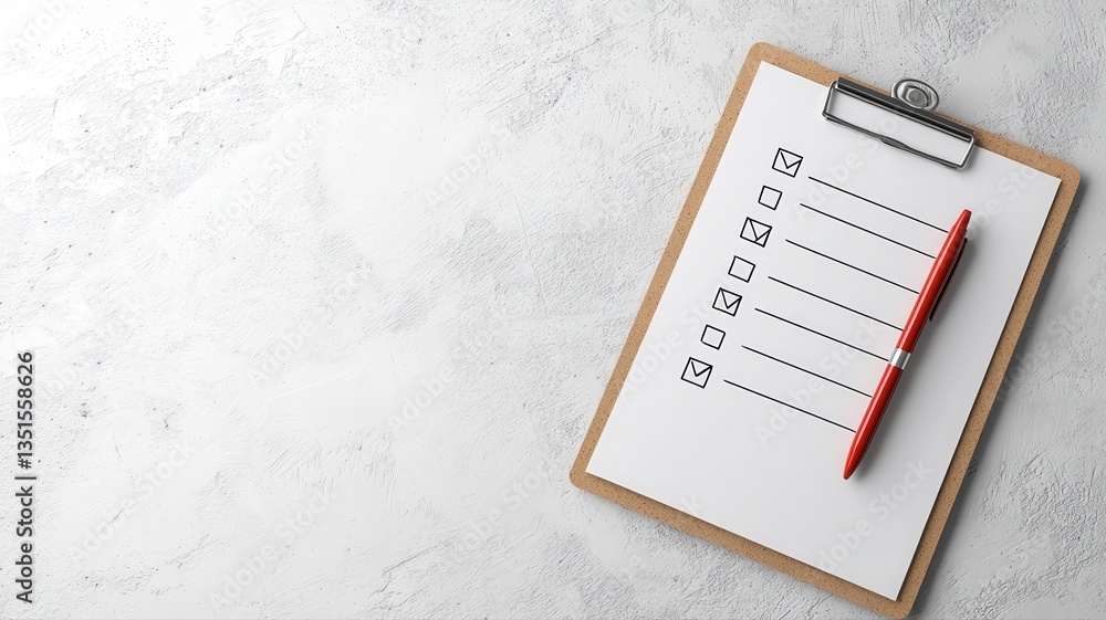 Poster minimal office setup with checklist clipboard and red pen on a light marble background.