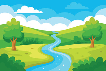 Fototapeta premium Cartoon Landscape with River, Rolling Green Hills, Trees, and White Puffy Clouds