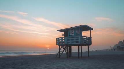 Serene Sunset at Lifeguard Station: Capture the quiet elegance of a lifeguard station against a picturesque sunset, with gentle waves lapping the shore. 