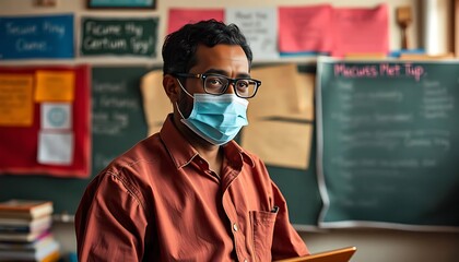 A man wearing a mask in a classroom setting looks forward