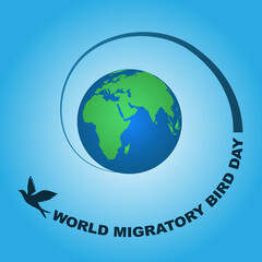 World Migratory Bird Day vector art. A silhouetted bird soaring around the Earth along a curved path, integrated with the event title. Bird Day campaigns.