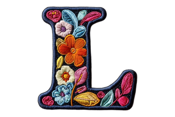 Colorful embroidered letter L patch Isolated on White and Transparent Background PNG Image.