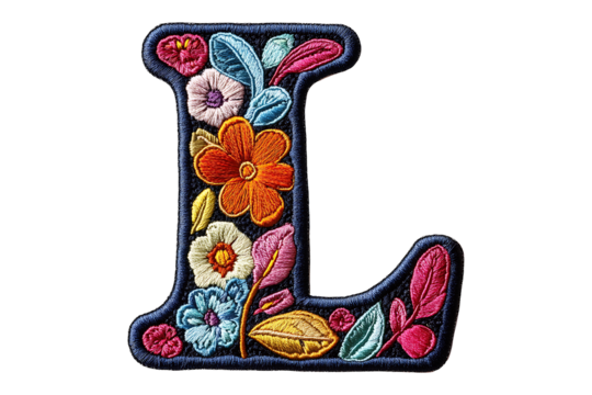 Colorful embroidered letter L patch Isolated on White and Transparent Background PNG Image.