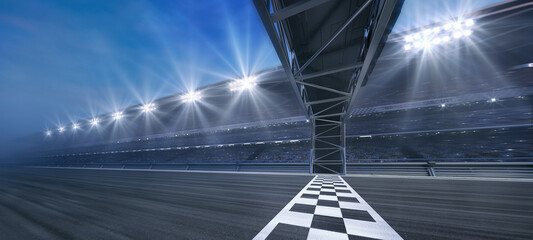 Passing Finish line on a race track with metal gate construction and floodlights illuminating sports racing stadium. Professional 3D illustration for sports advertising.