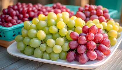 Fresh Grapes on White Plate.