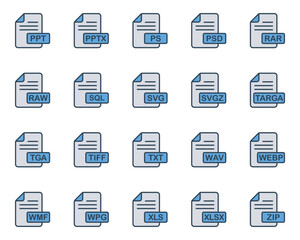 Filled blue outline icons set for File format.
