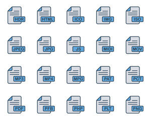Filled blue outline icons set for File format.