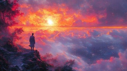 Obraz premium A solitary figure observes an expansive sunset over a misty landscape