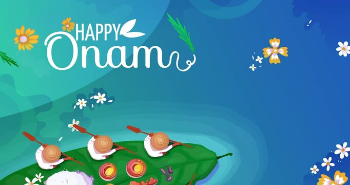 Happy Onam Festival. Moving Banner with traditional Indian food on banana leaf floating on river. Design for celebrating religious holiday of Kerala, South India. Cartoon flat animated graphics