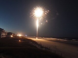 Coastal Fireworks Display at Night.