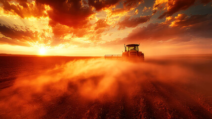 Fototapeta premium Majestic Sunset over Farmland: Tractor at Golden Hour