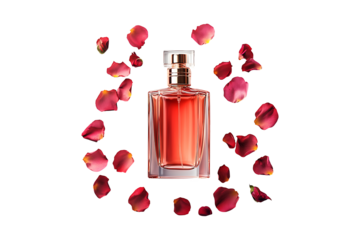 Elegant Perfume Bottle with Rose Petals Isolated on White and Transparent Background PNG Image.