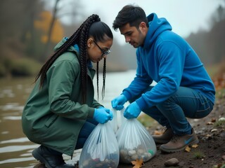 Garbage collection in nature - A young couple in gloves collect garbage in bags on the river bank. Hands are visible, the idea of ​​caring for nature is conveyed, joy