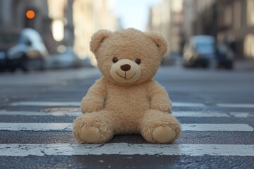 Adorable bear alone on city crosswalk in urban setting