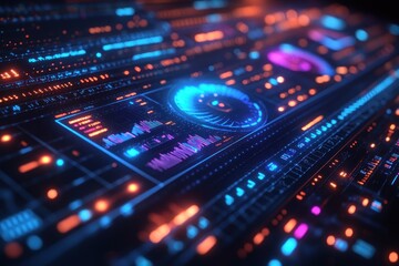 Obraz premium Futuristic digital interface displaying data analysis on a control panel
