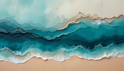 Serene Teal Ocean Waves Abstract Resin Art Beach Sand Gold