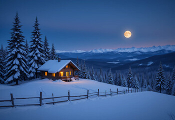 Naklejka premium Winter cabin in the snowy mountain landscape