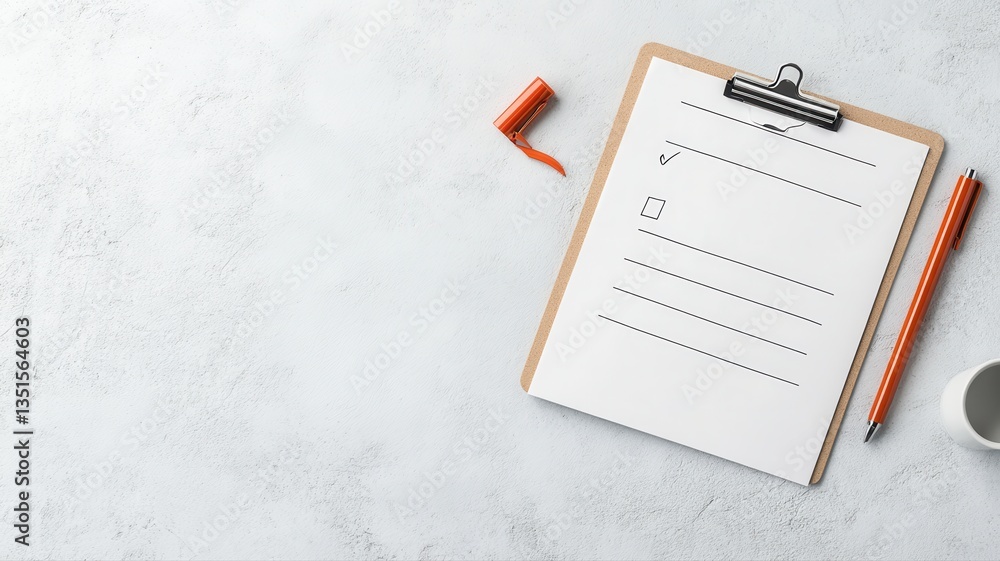 Poster minimalist workspace with clipboard and pen on a white desk, ready for note-taking or brainstorming 