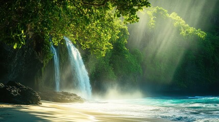 Enchanting waterfall cascading onto tranquil beach under radiant sunlight