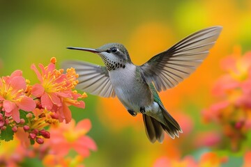 Fototapeta premium Hummingbird in flight, feeding on flowers, vibrant garden background. Use nature, wildlife, advertising