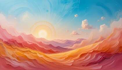 Serene Sunrise Pastel Mountainscape Dreamlike Sky Artistic Style