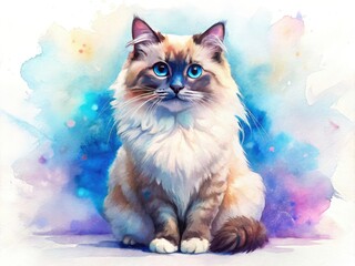 Fototapeta premium Grumpy Ragdoll Cat Watercolor Clipart, Cute Panoramic Illustration, Soft Colors, White Background, Pet Portrait
