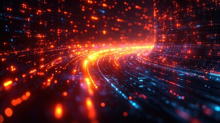 Obraz premium Light trails speed through digital tunnel with binary background data flow