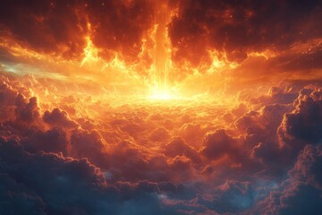 Fototapeta premium Fiery sunrise explodes through dramatic clouds in epic sky, ideal background