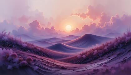 Purple Sunset Landscape Rolling Hills Soft Light Digital Art