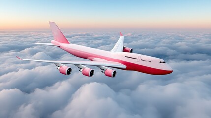 Obraz premium Pink and White Airplane Soaring Above Clouds at Sunset
